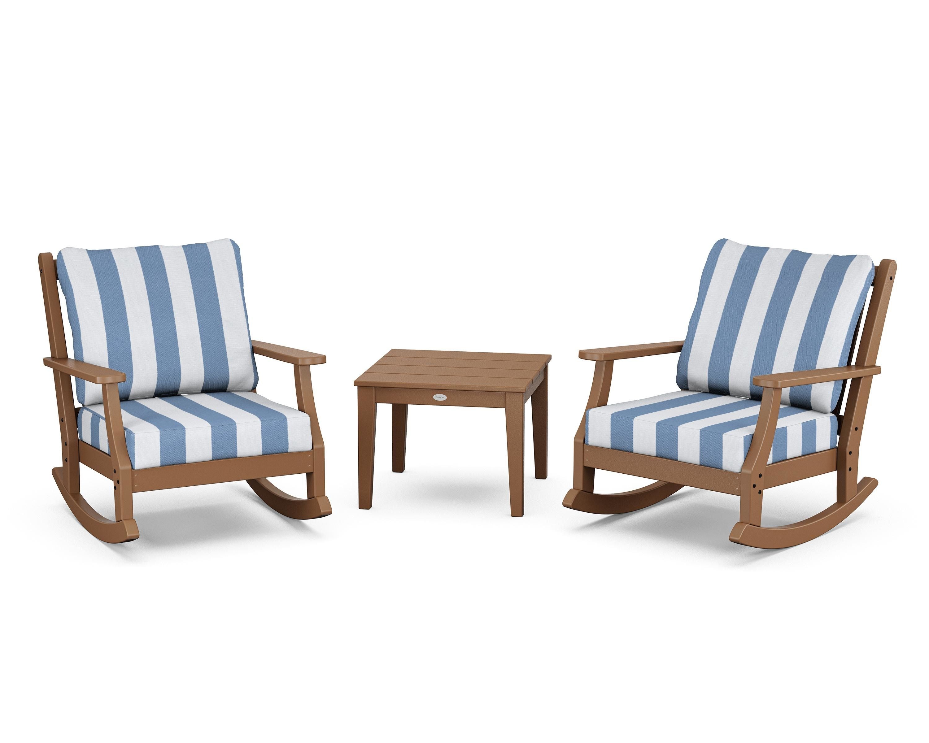 Country Living Wovendale 3-Piece Deep Seating Rocker Set in Teak / Cabana Stripe Sky Blue