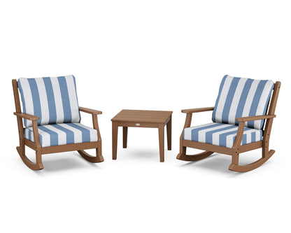 Country Living Wovendale 3-Piece Deep Seating Rocker Set in Teak / Cabana Stripe Sky Blue