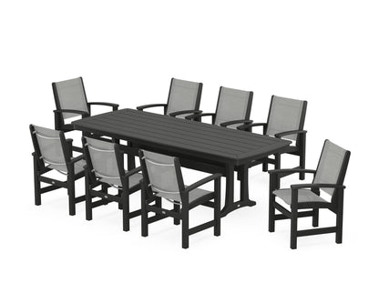 POLYWOOD® Coastal 9-Piece Dining Set with Trestle Legs in Black / Metallic Sling
