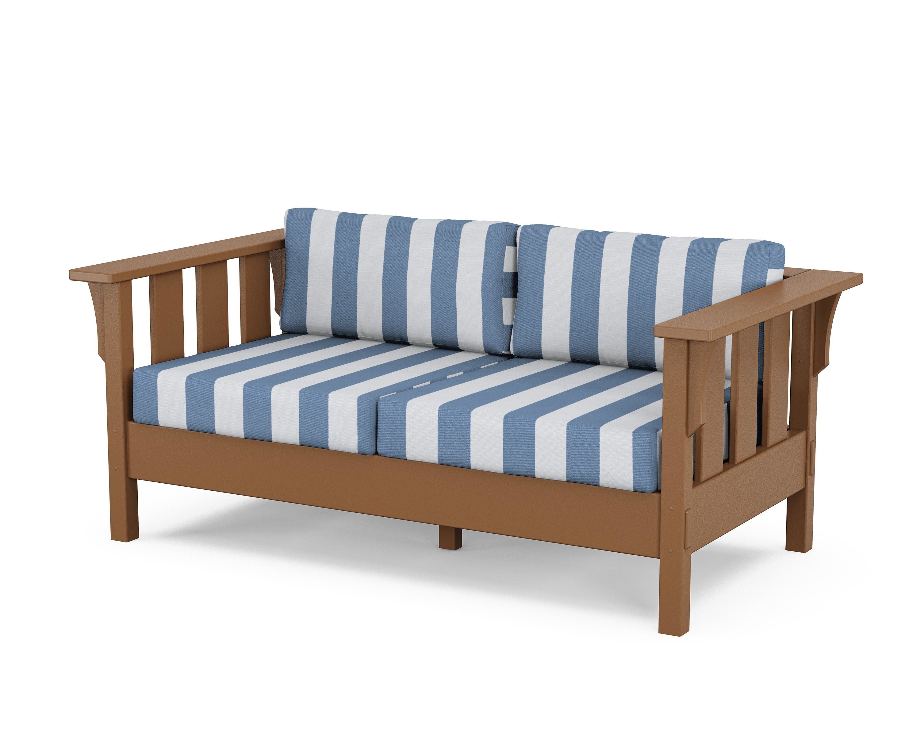 Martha Stewart by POLYWOOD® Acadia Deep Seating Loveseat in Teak / Cabana Stripe Sky Blue