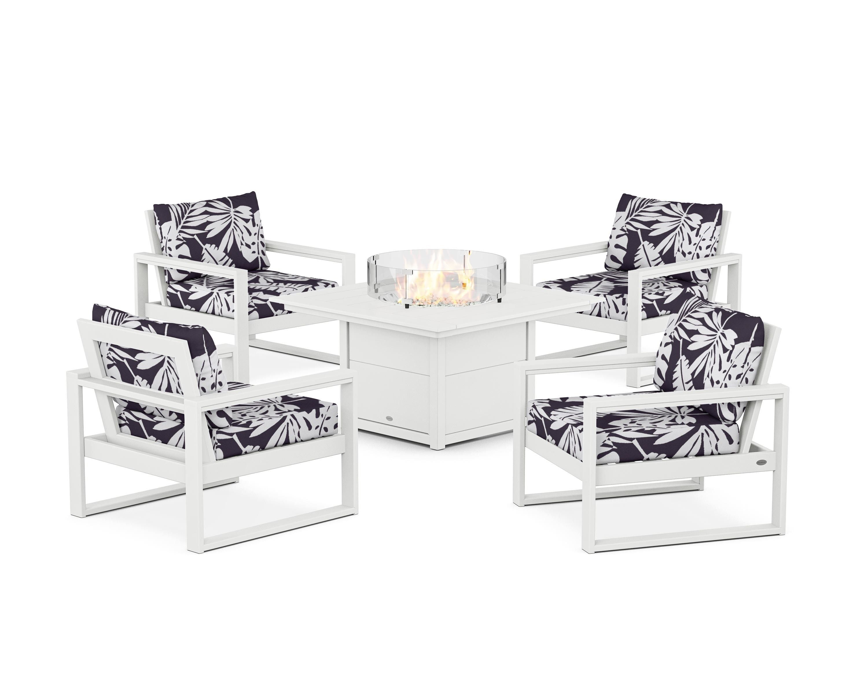 POLYWOOD® EDGE Sectional 5-Piece Deep Seating Set with Fire Pit Table in White / Leaf Navy