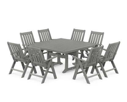 POLYWOOD® Vineyard Folding Chair 9-Piece Square Dining Set with Trestle Legs in Slate Grey