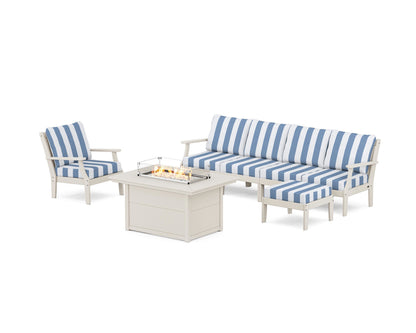 POLYWOOD® Braxton Sectional Lounge and Fire Pit Set in Sand / Cabana Stripe Sky Blue
