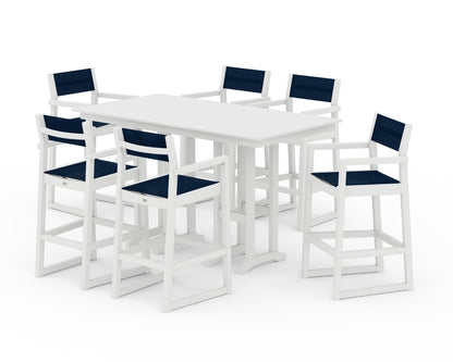 POLYWOOD® EDGE Sling Arm Chair 7-Piece Farmhouse Bar Set in White / Navy Blue Sling