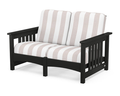 POLYWOOD® Club Mission Loveseat in Black / Cabana Stripe Dune Burlap