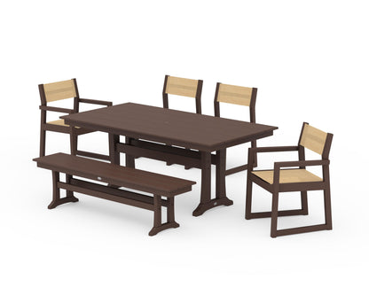 POLYWOOD® EDGE Sling 6-Piece Farmhouse Dining Set With Trestle Legs in Mahogany / Dupioni Apricot Sling