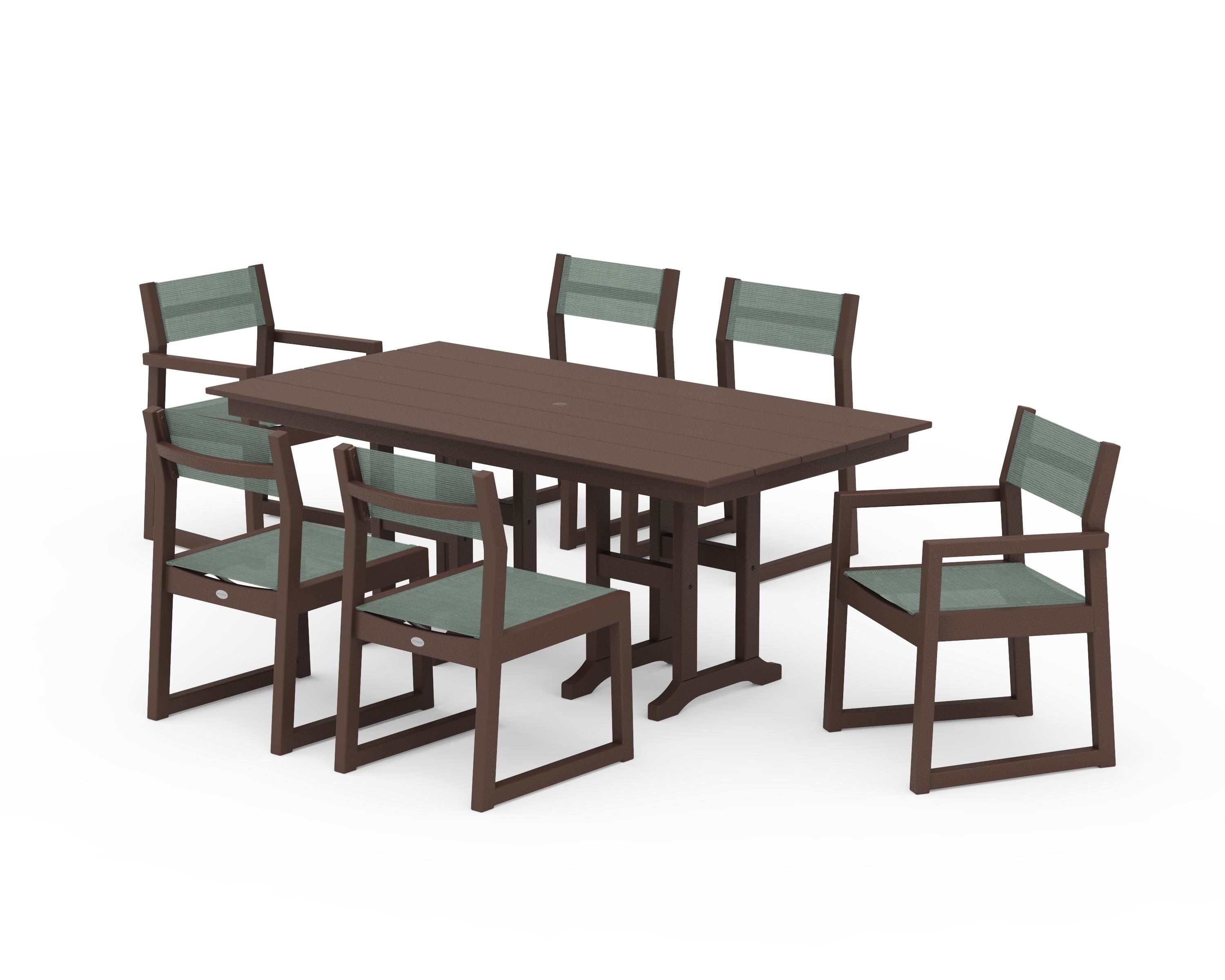 POLYWOOD® EDGE Sling 7-Piece Farmhouse Dining Set in Mahogany / Dupioni Sea Mist Sling