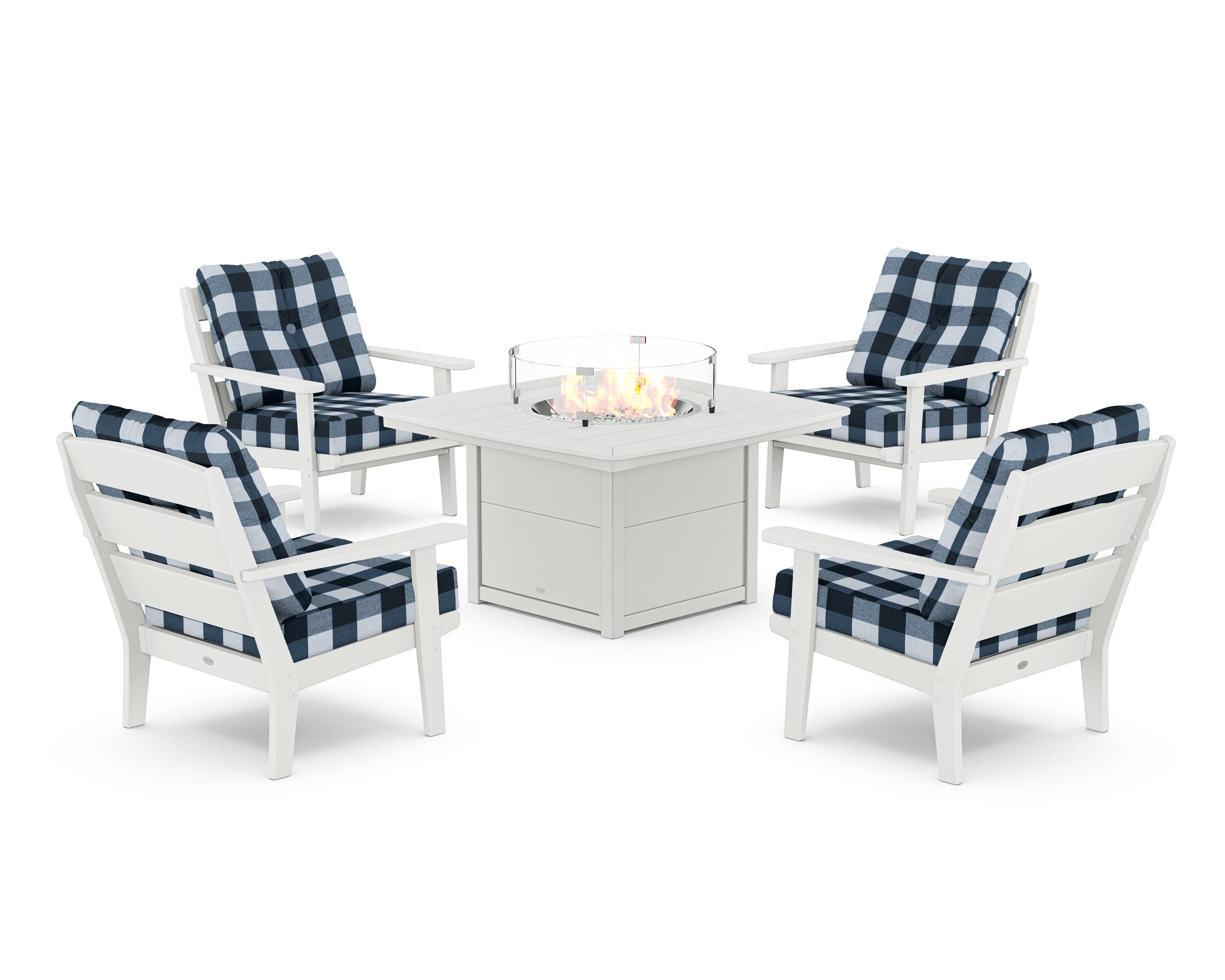 POLYWOOD® Lakeside 5-Piece Deep Seating Set with Nautical Fire Pit Table in White / Buffalo Plaid Marine Indigo