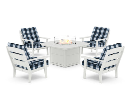 POLYWOOD® Lakeside 5-Piece Deep Seating Set with Nautical Fire Pit Table in White / Buffalo Plaid Marine Indigo