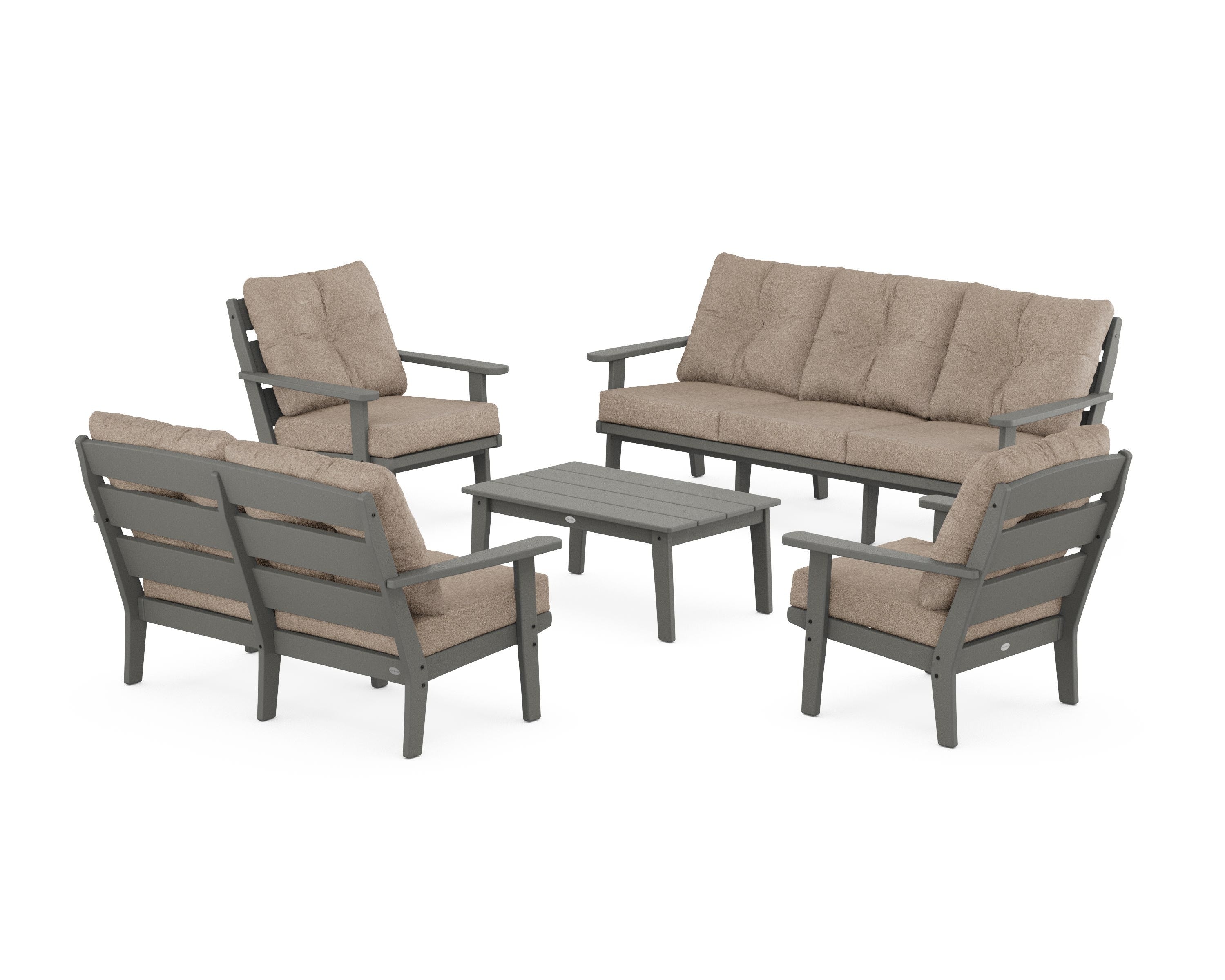 POLYWOOD® Lakeside 5-Piece Lounge Sofa Set in Slate Grey / Spiced Burlap