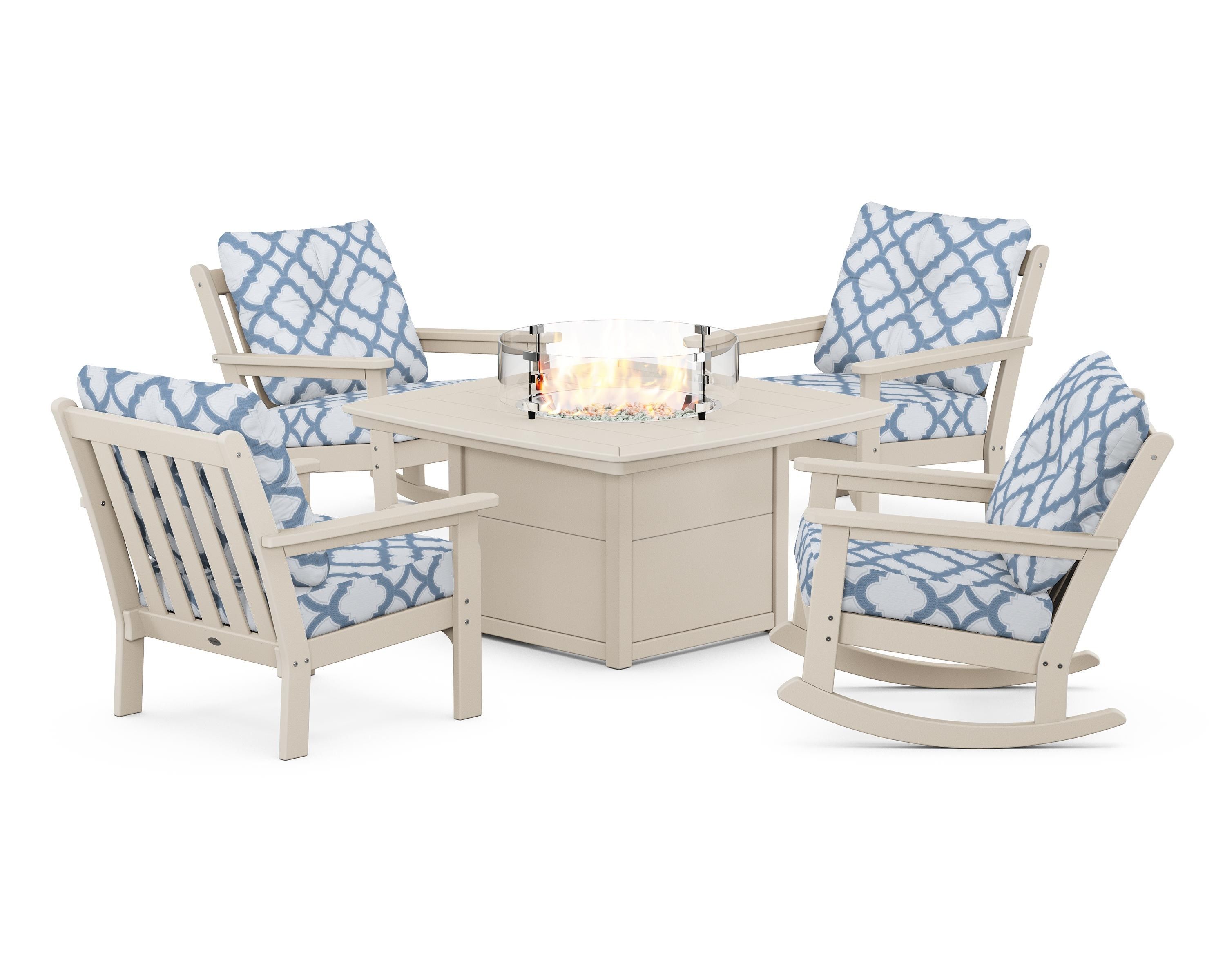 POLYWOOD® Vineyard 5-Piece Deep Seating Rocking Chair Conversation Set with Fire Pit Table in Sand / Trellis Sky Blue