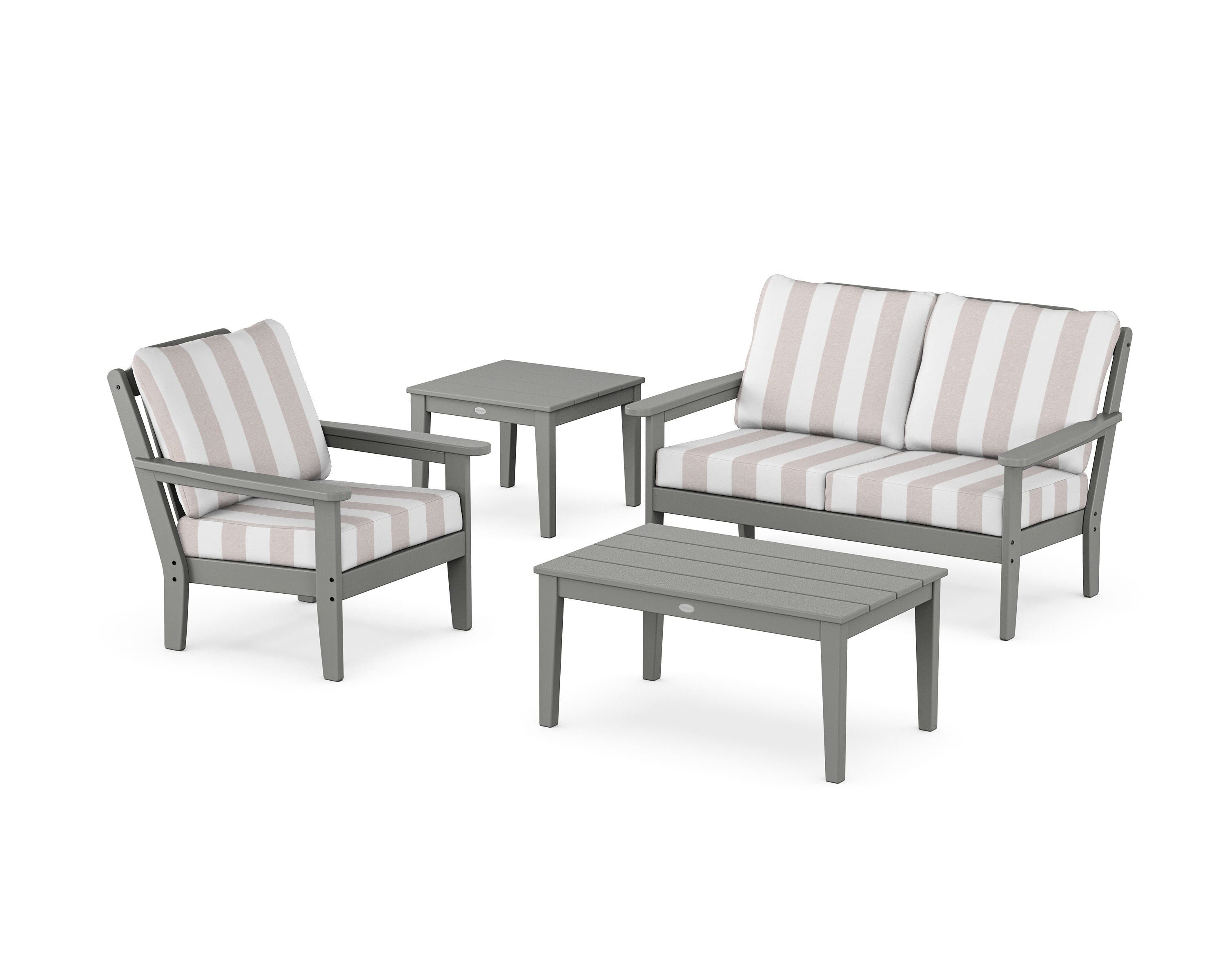 Country Living Wovendale 4-Piece Deep Seating Set in Slate Grey / Cabana Stripe Dune Burlap