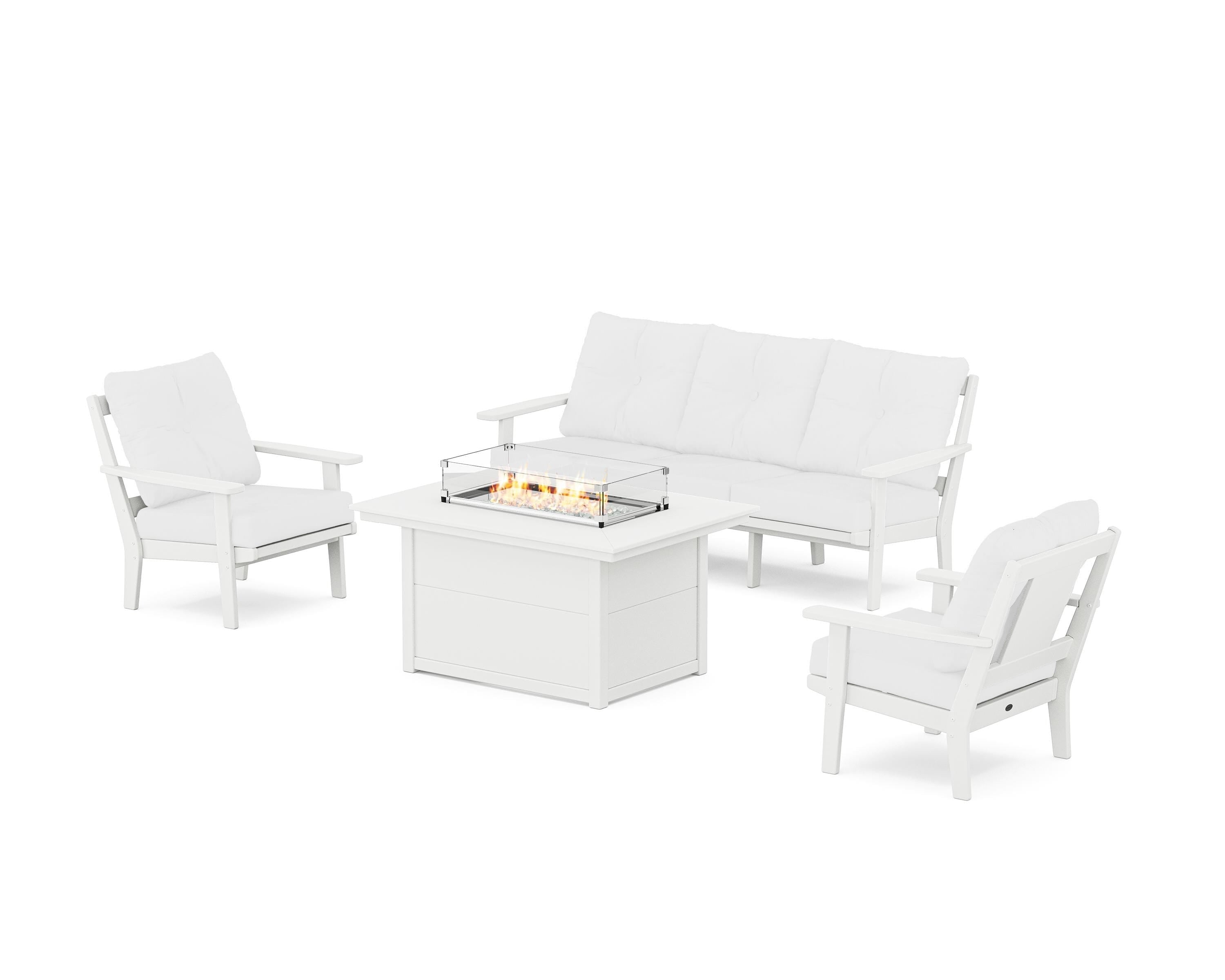 POLYWOOD® Prairie Deep Seating Fire Pit Table Set in White / Natural