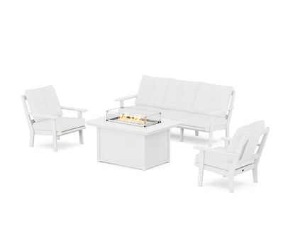 POLYWOOD® Prairie Deep Seating Fire Pit Table Set in White / Natural