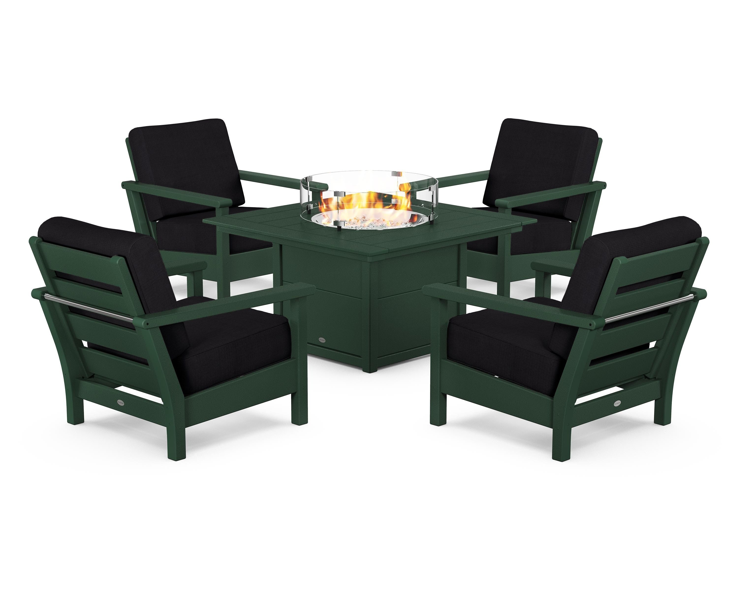POLYWOOD® Harbour 5-Piece Conversation Set with Fire Pit Table in Green / Midnight Linen
