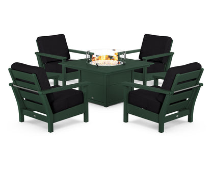 POLYWOOD® Harbour 5-Piece Conversation Set with Fire Pit Table in Green / Midnight Linen