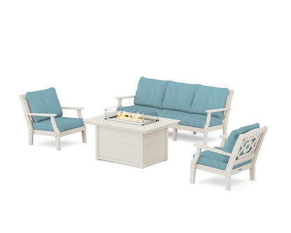 Martha Stewart by POLYWOOD® Chinoiserie Deep Seating Fire Pit Table Set in Sand / Lattice Sky Blue