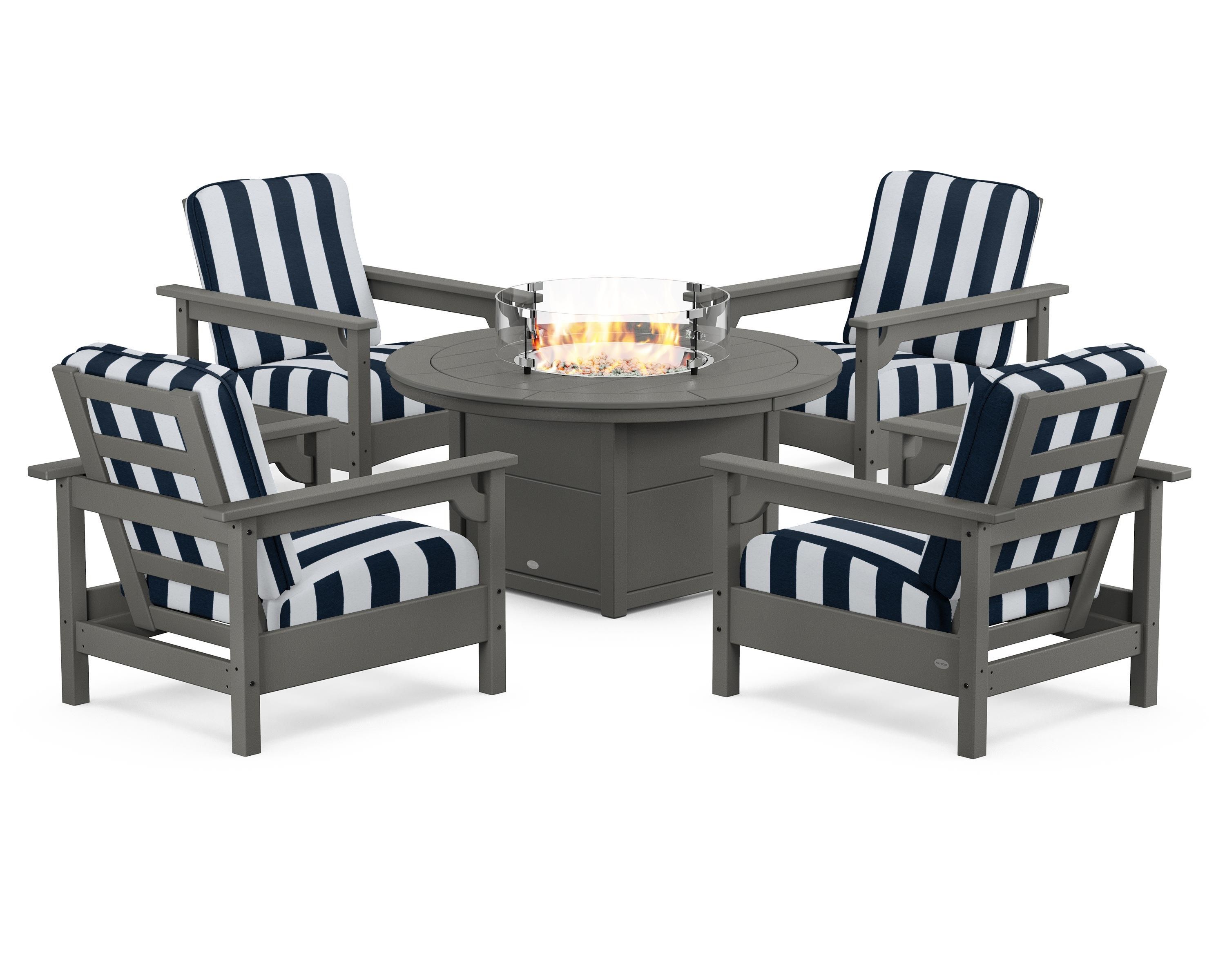 POLYWOOD® Club 5-Piece Conversation Set with Fire Pit Table in Slate Grey / Cabana Stripe Marine Indigo