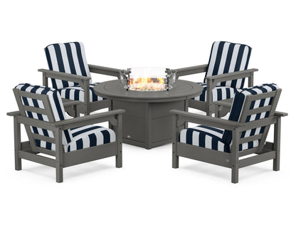 POLYWOOD® Club 5-Piece Conversation Set with Fire Pit Table in Slate Grey / Cabana Stripe Marine Indigo