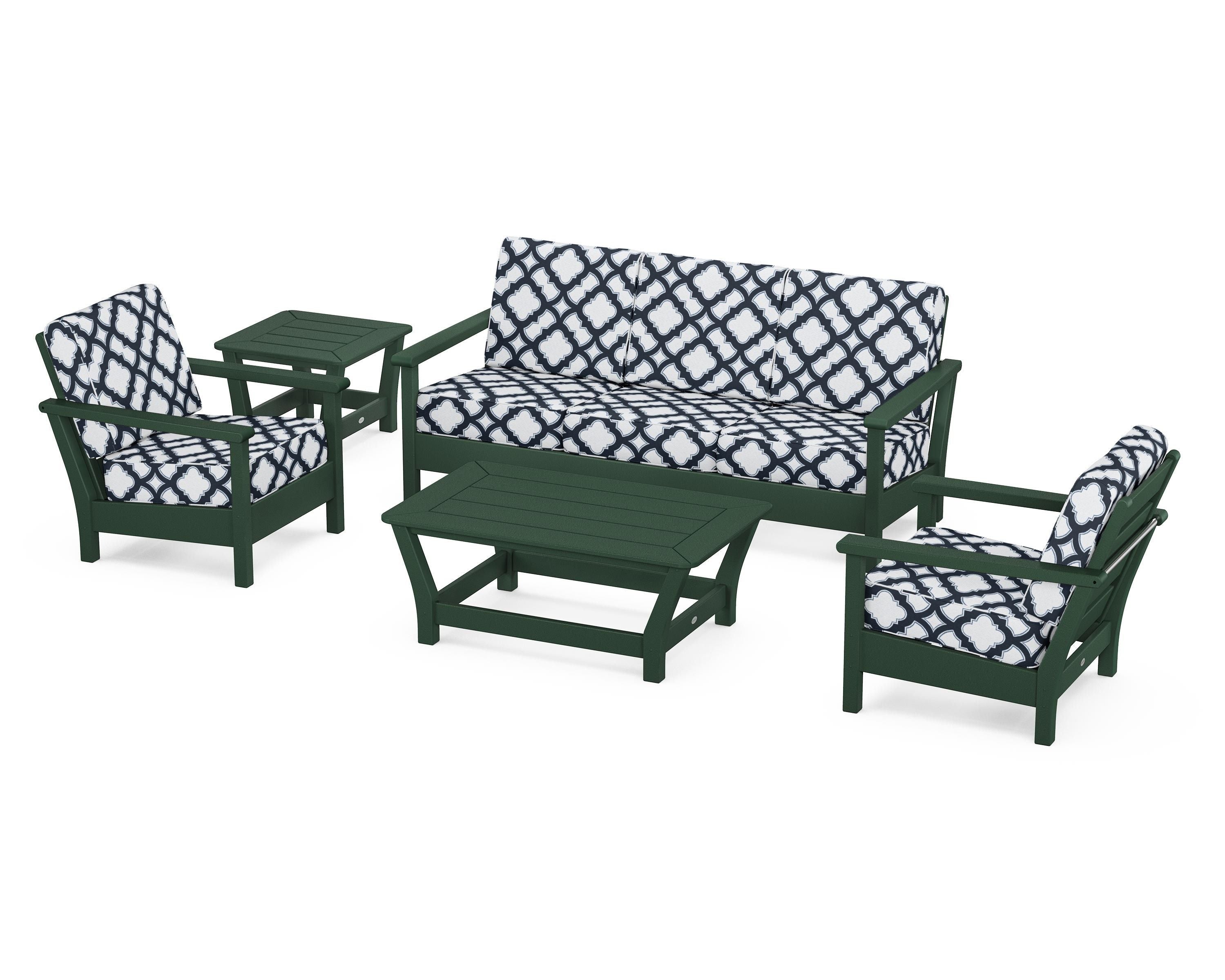 POLYWOOD® Harbour 5-Piece Deep Seating Set in Green / Trellis Marine Indigo