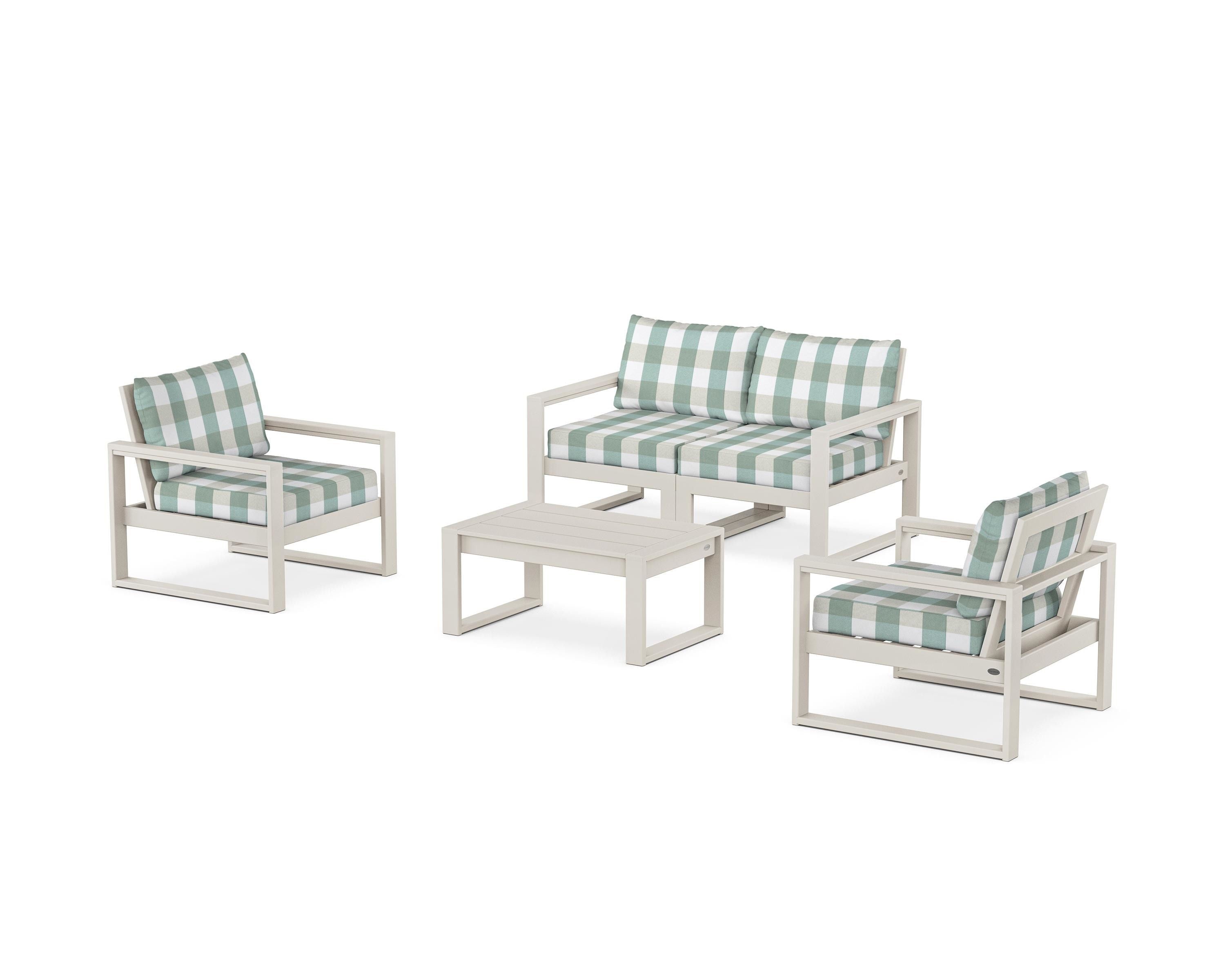 POLYWOOD® EDGE Sectional 4-Piece Deep Seating Set with Loveseat in Sand / Buffalo Plaid Glacier Spa