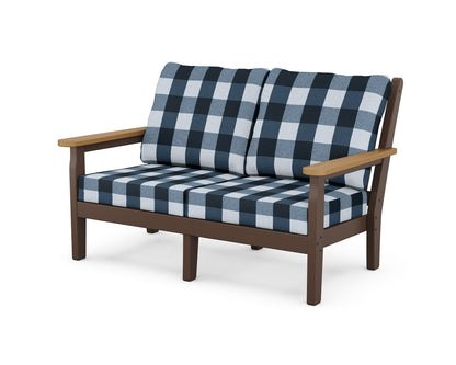 POLYWOOD® Chippendale Deep Seating Loveseat in Mahogany / Natural / Buffalo Plaid Marine Indigo