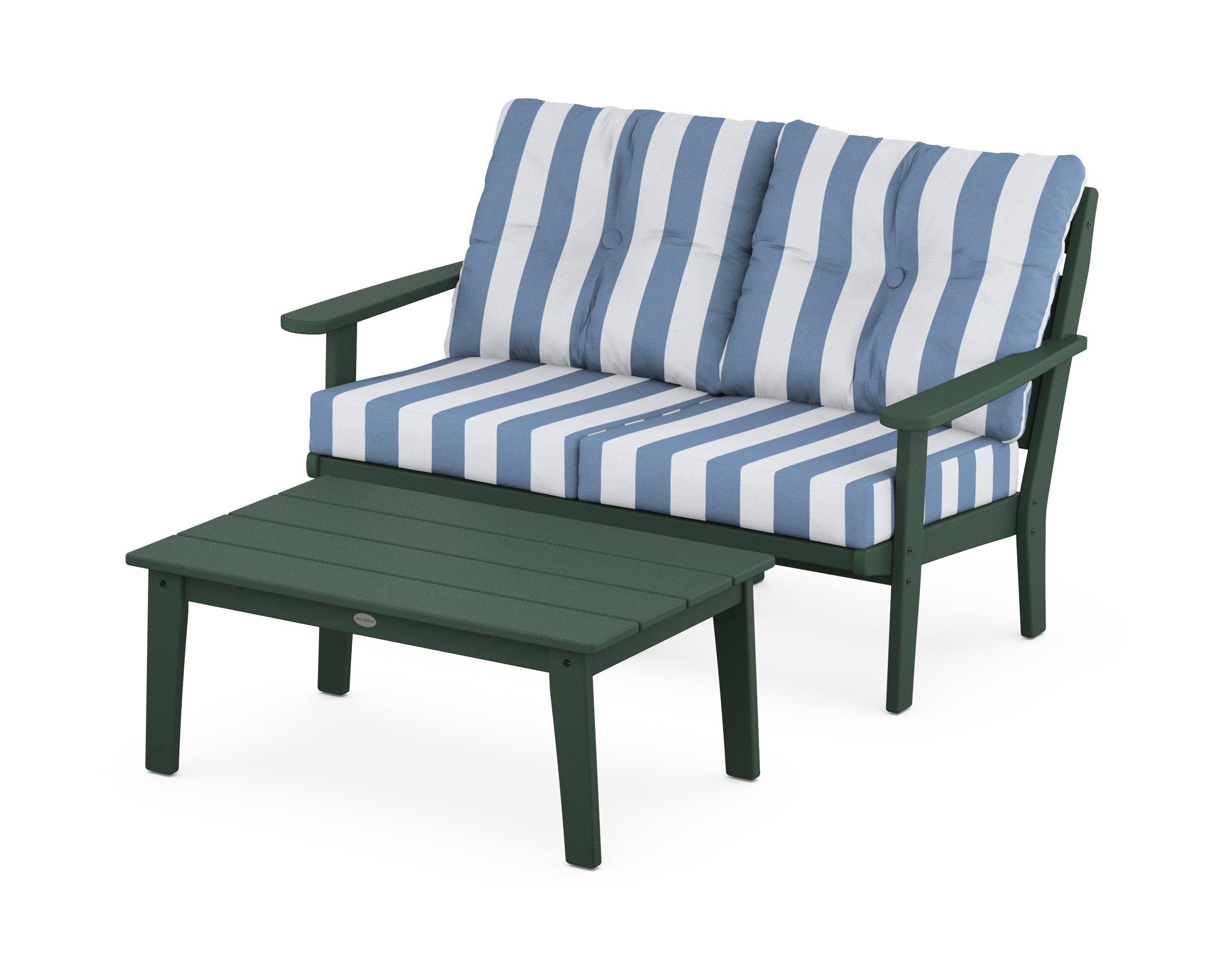 POLYWOOD® Lakeside 2-Piece Lounge Loveseat Set in Green / Cabana Stripe Sky Blue