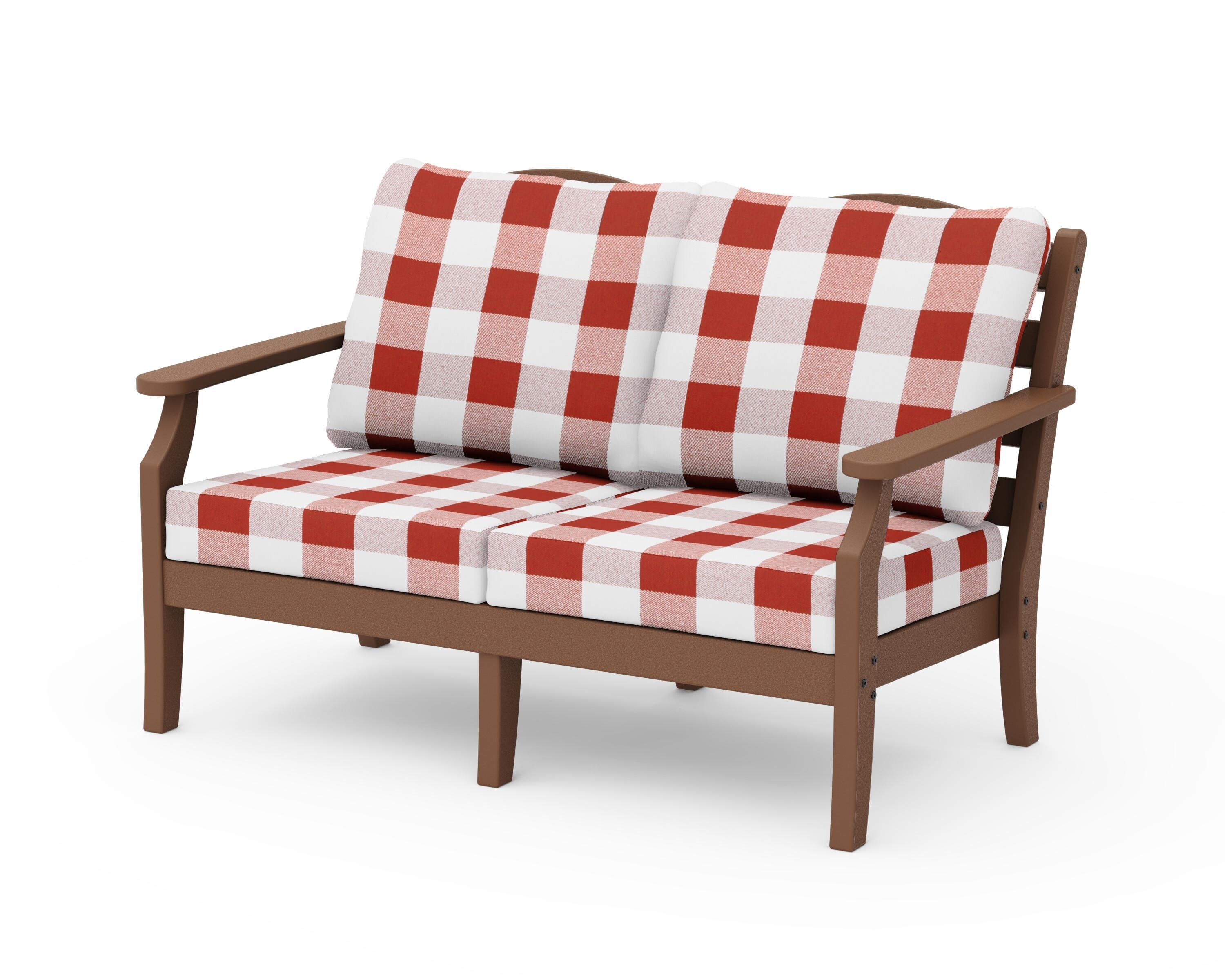 Draper James™ by  POLYWOOD® Savannah Deep Seating Loveseat in Teak / Buffalo Plaid Crimson
