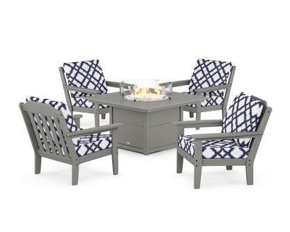 Country Living Cottage 5-Piece Deep Seating Set with Fire Pit Table in Slate Grey / Trellis Navy