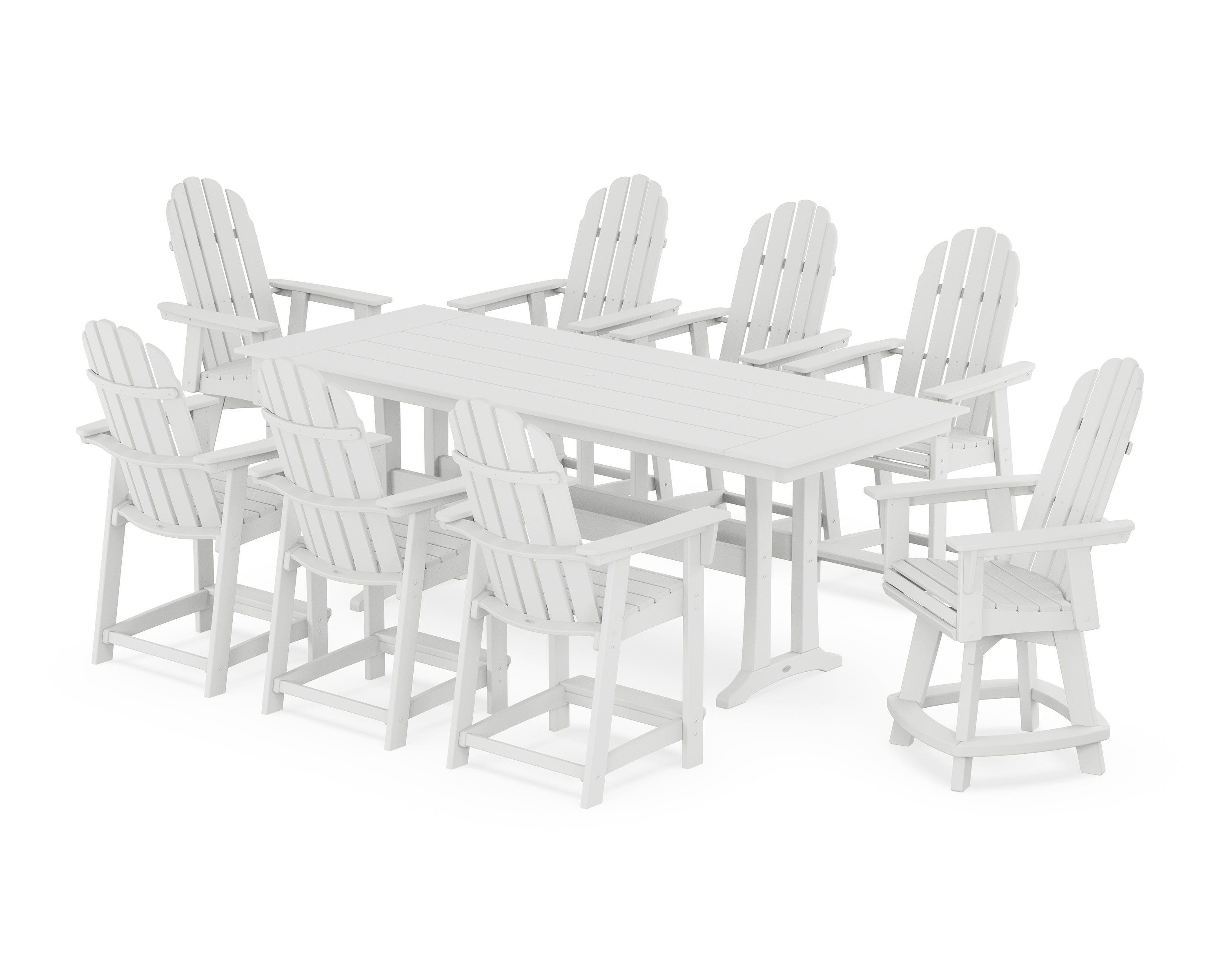 POLYWOOD® Vineyard Curveback Adirondack Swivel 9-Piece Farmhouse Counter Set with Trestle Legs in White