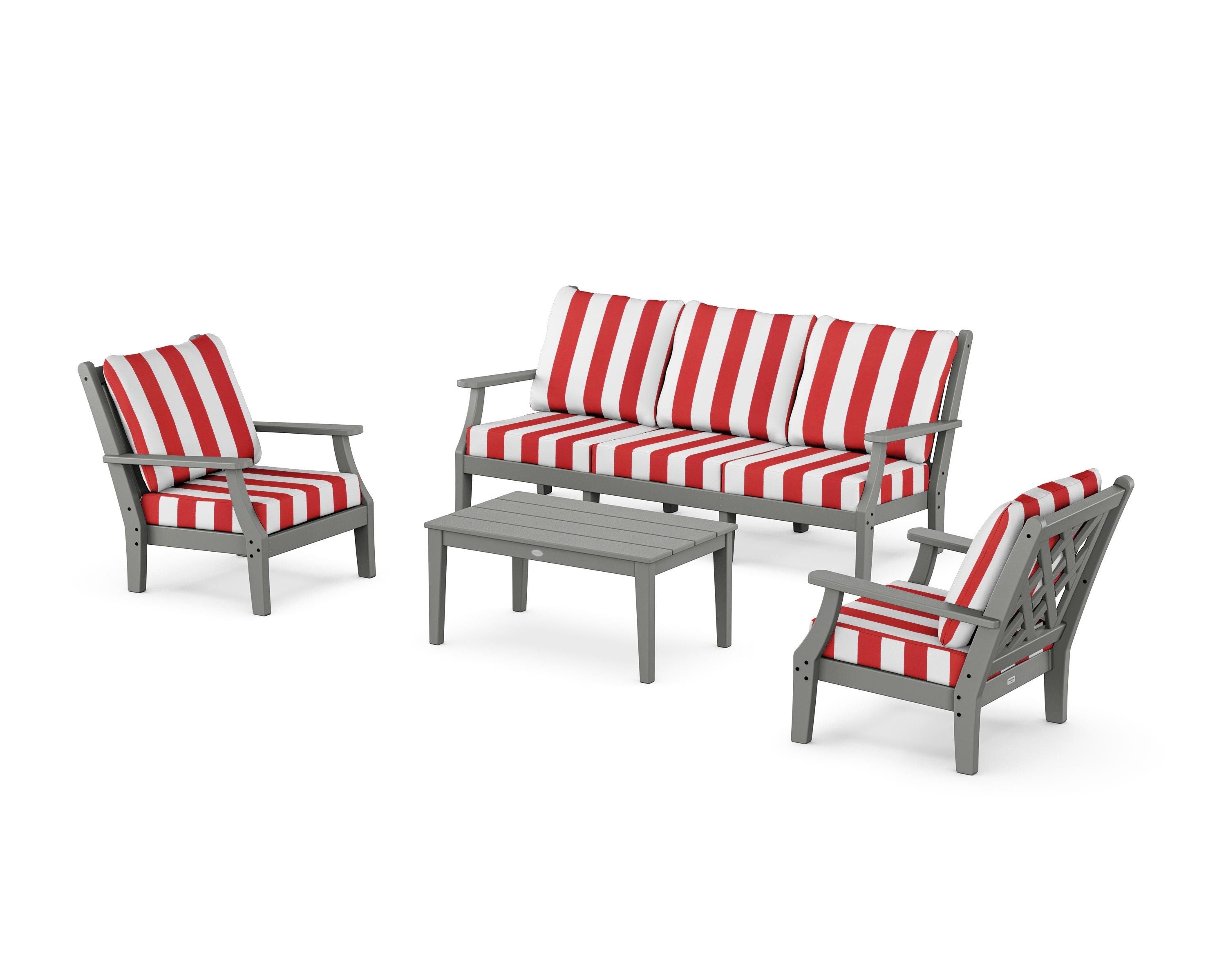 Country Living Wovendale 4-Piece Deep Seating Set with Sofa in Slate Grey / Cabana Stripe Crimson