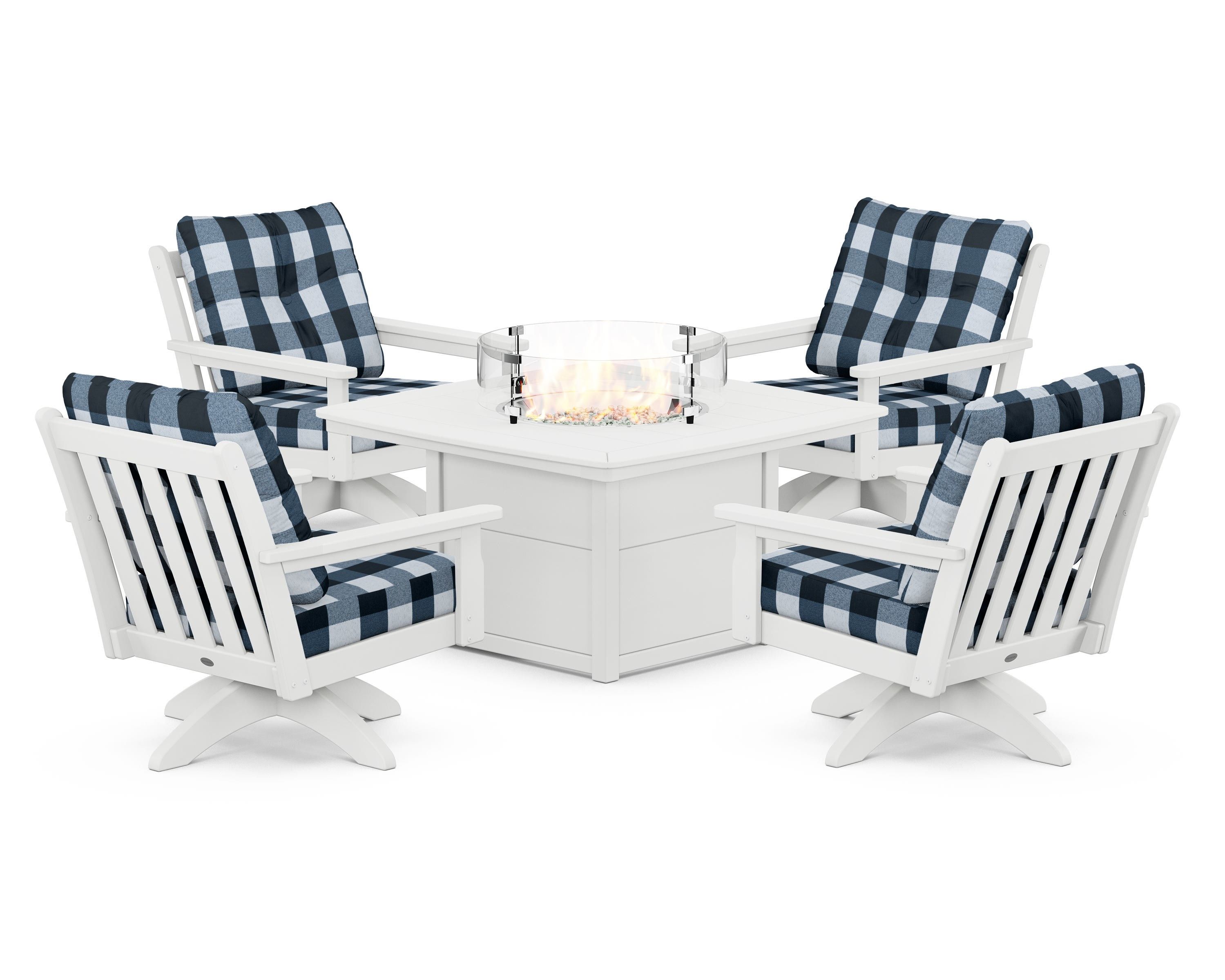 POLYWOOD® Vineyard 5-Piece Deep Seating Swivel Conversation Set with Fire Pit Table in White / Buffalo Plaid Marine Indigo