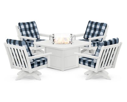 POLYWOOD® Vineyard 5-Piece Deep Seating Swivel Conversation Set with Fire Pit Table in White / Buffalo Plaid Marine Indigo