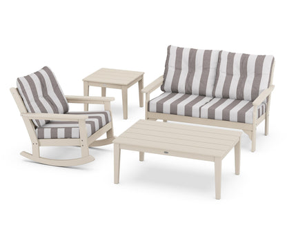 POLYWOOD® Vineyard 4-Piece Deep Seating Rocker Set in Sand / Cabana Stripe Grey Mist
