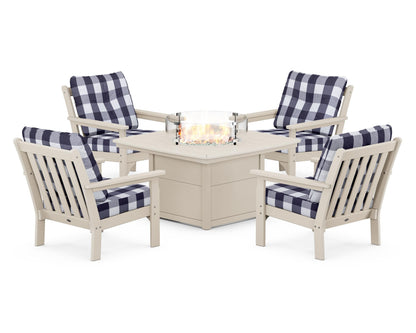 POLYWOOD® Vineyard 5-Piece Conversation Set with Fire Pit Table in Sand / Buffalo Plaid Navy