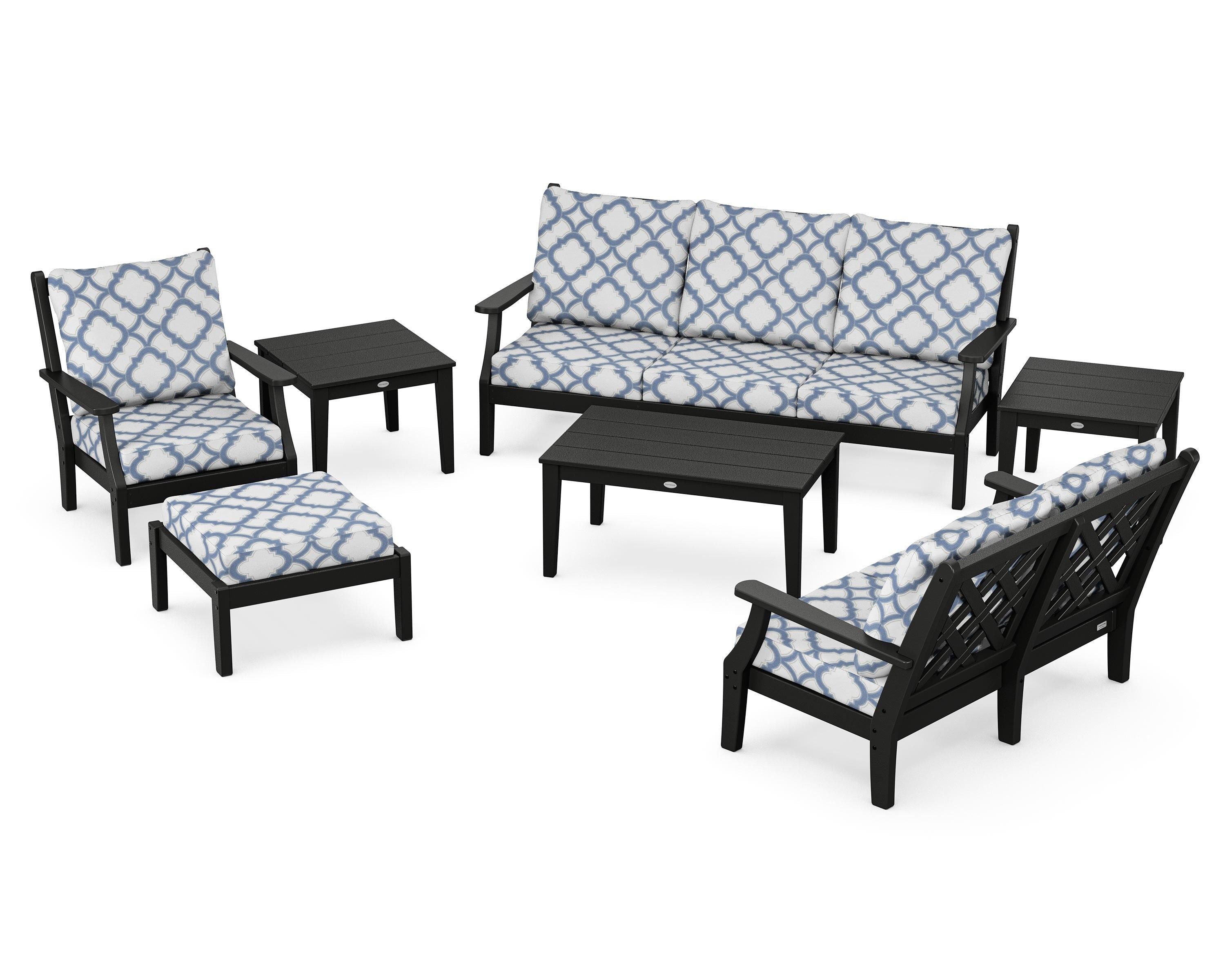 Country Living Wovendale 7-Piece Deep Seating Set in Black / Trellis Sky Blue