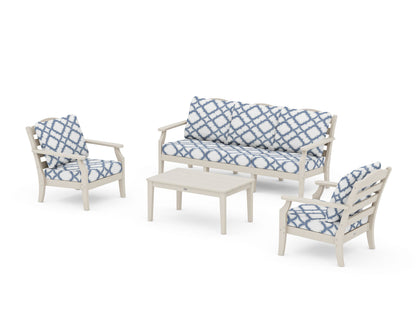 Draper James™ by  POLYWOOD® Savannah 4-Piece Deep Seating Set with Sofa in Sand / Trellis Sky Blue