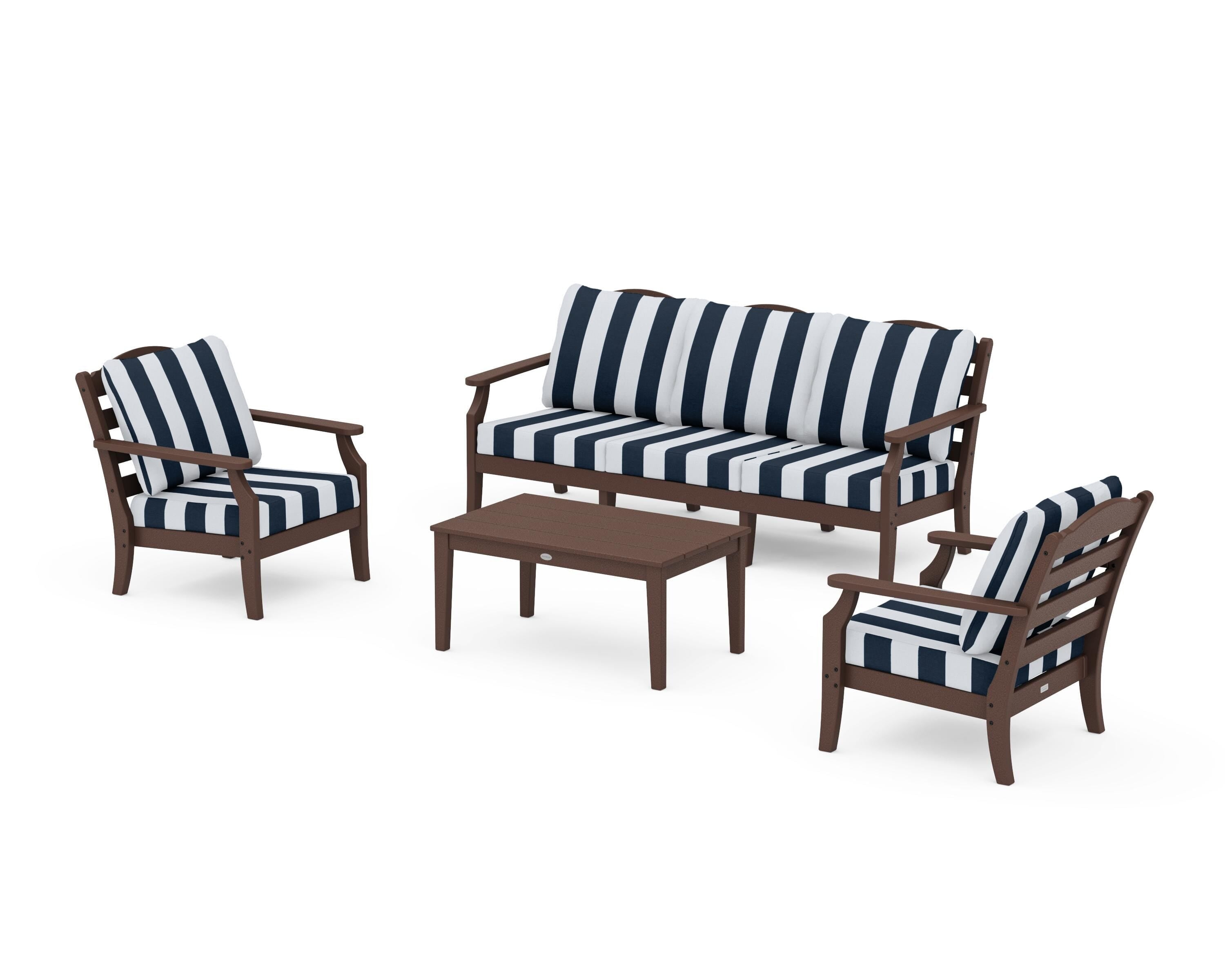 Draper James™ by  POLYWOOD® Savannah 4-Piece Deep Seating Set with Sofa in Mahogany / Cabana Stripe Marine Indigo