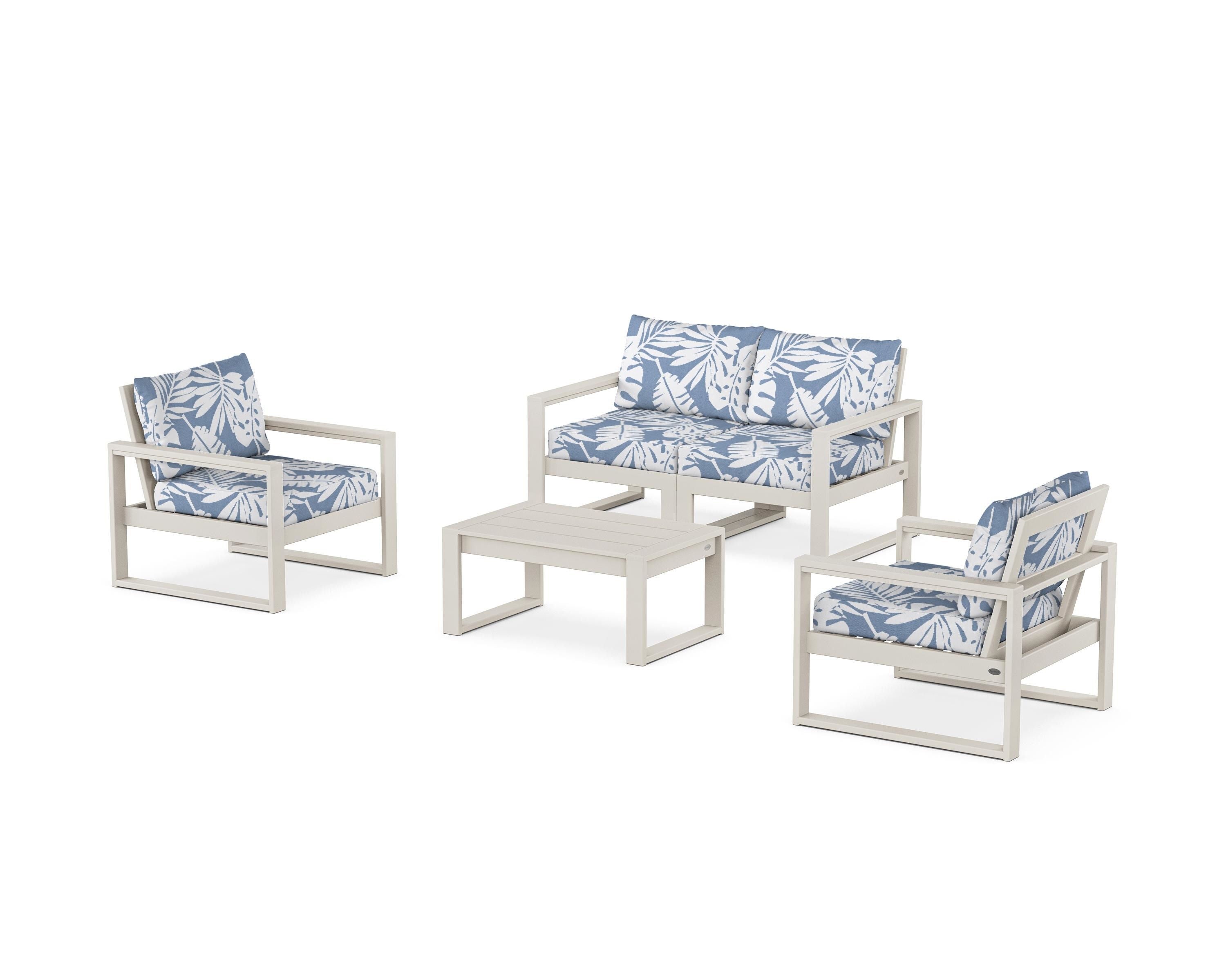 POLYWOOD® EDGE Sectional 4-Piece Deep Seating Set with Loveseat in Sand / Leaf Sky Blue