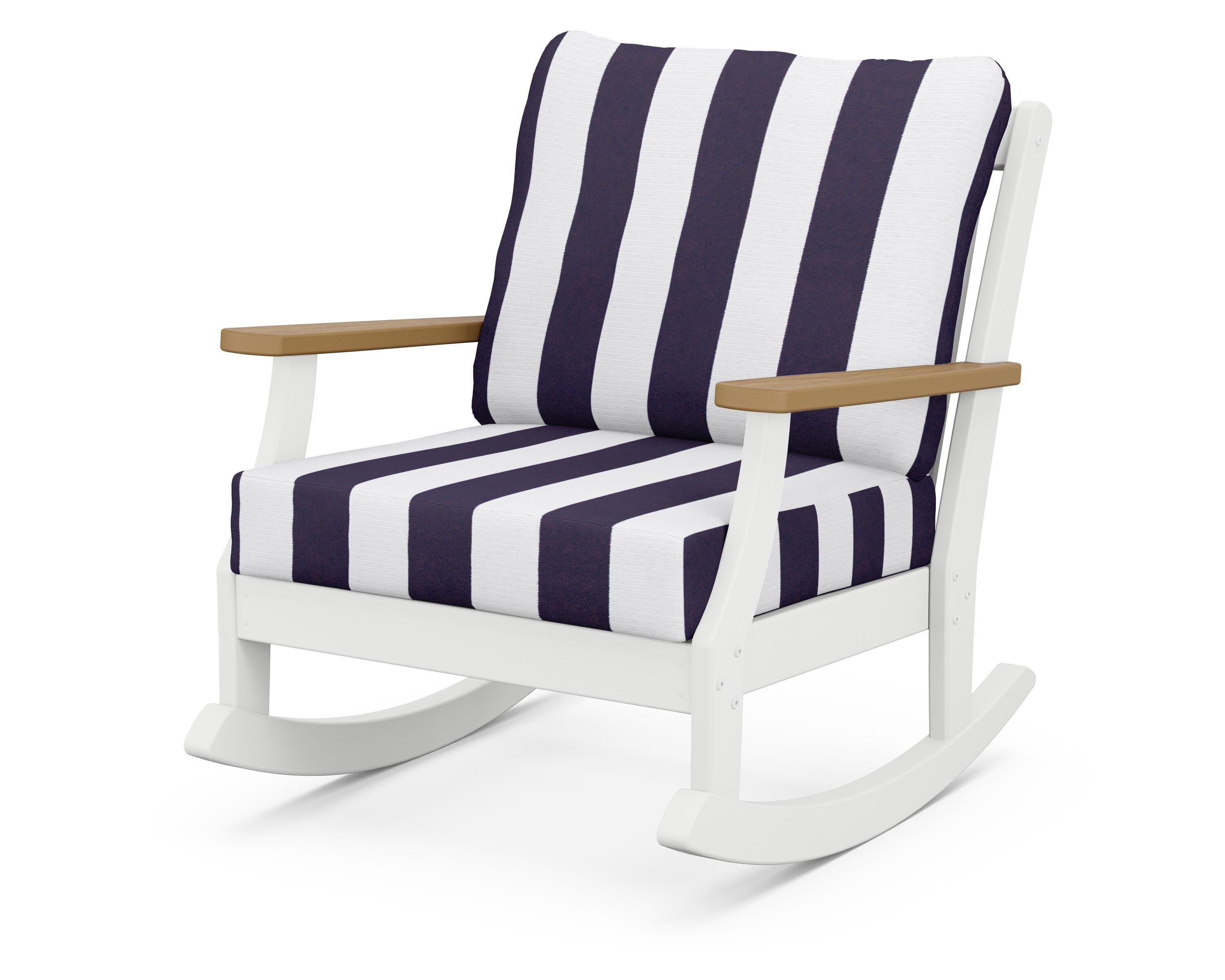 POLYWOOD® Braxton Deep Seating Rocking Chair in White / Natural / Cabana Stripe Navy