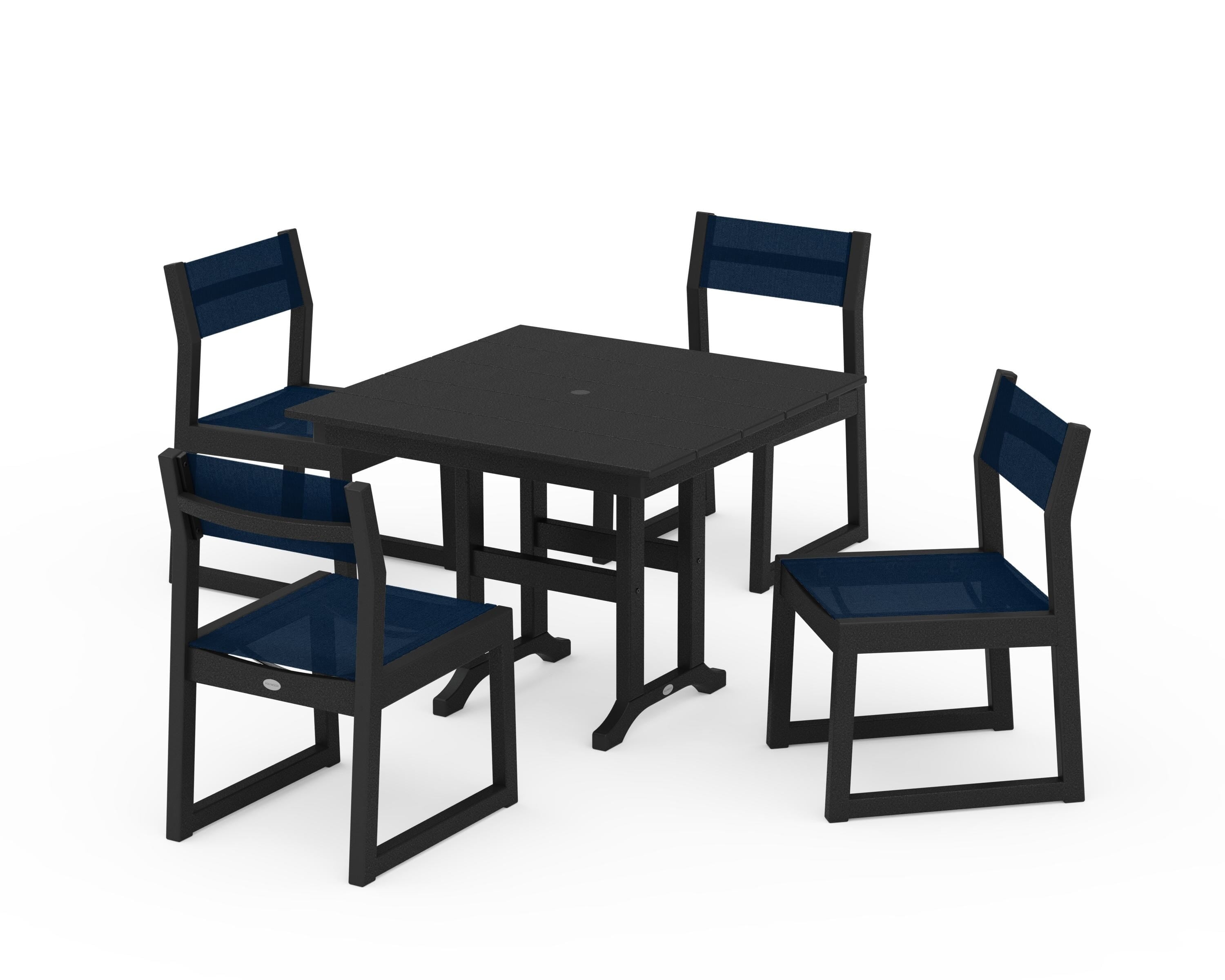 POLYWOOD® EDGE Sling Side Chair 5-Piece Farmhouse Dining Set in Black / Navy Blue Sling