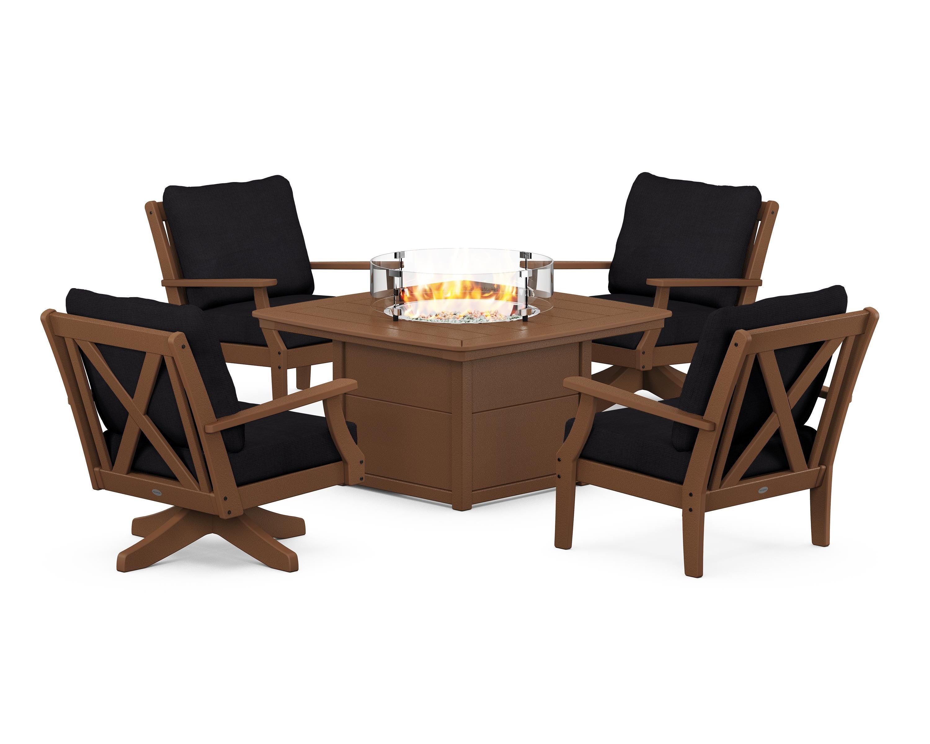 POLYWOOD® Braxton 5-Piece Deep Seating Set with Fire Table in Teak / Midnight Linen