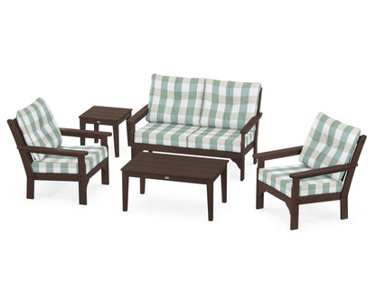 POLYWOOD® Vineyard 5-Piece Deep Seating Set in Mahogany / Buffalo Plaid Glacier Spa