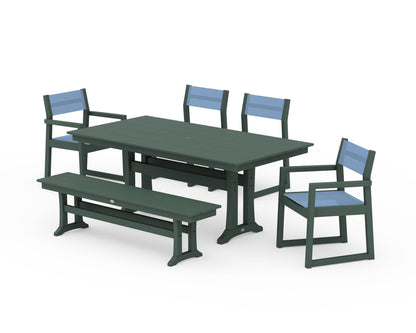 POLYWOOD® EDGE Sling 6-Piece Farmhouse Dining Set With Trestle Legs in Green / Poolside Sling