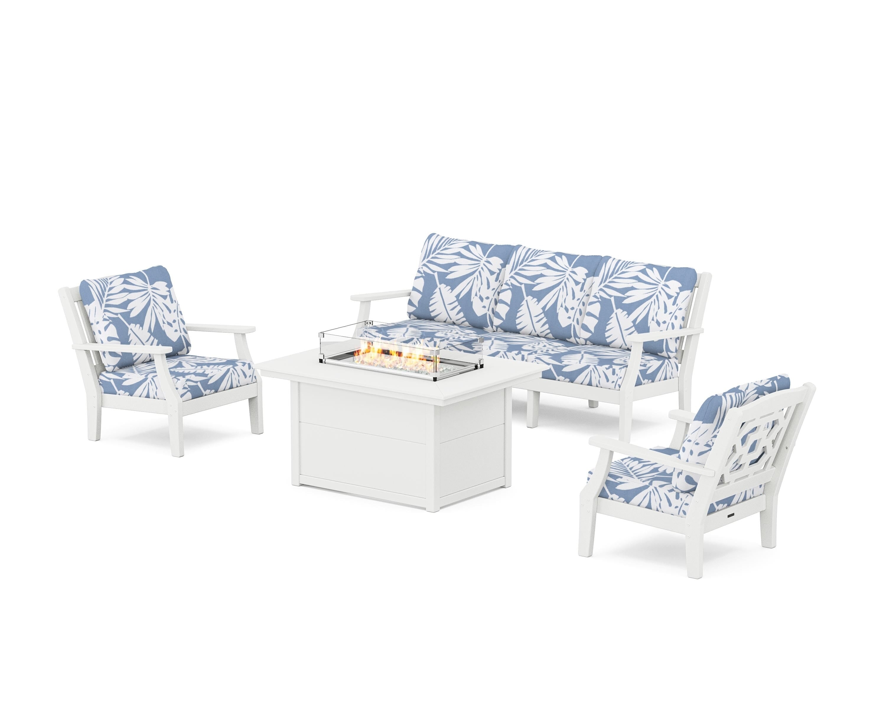 Martha Stewart by POLYWOOD® Chinoiserie Deep Seating Fire Pit Table Set in White / Leaf Sky Blue