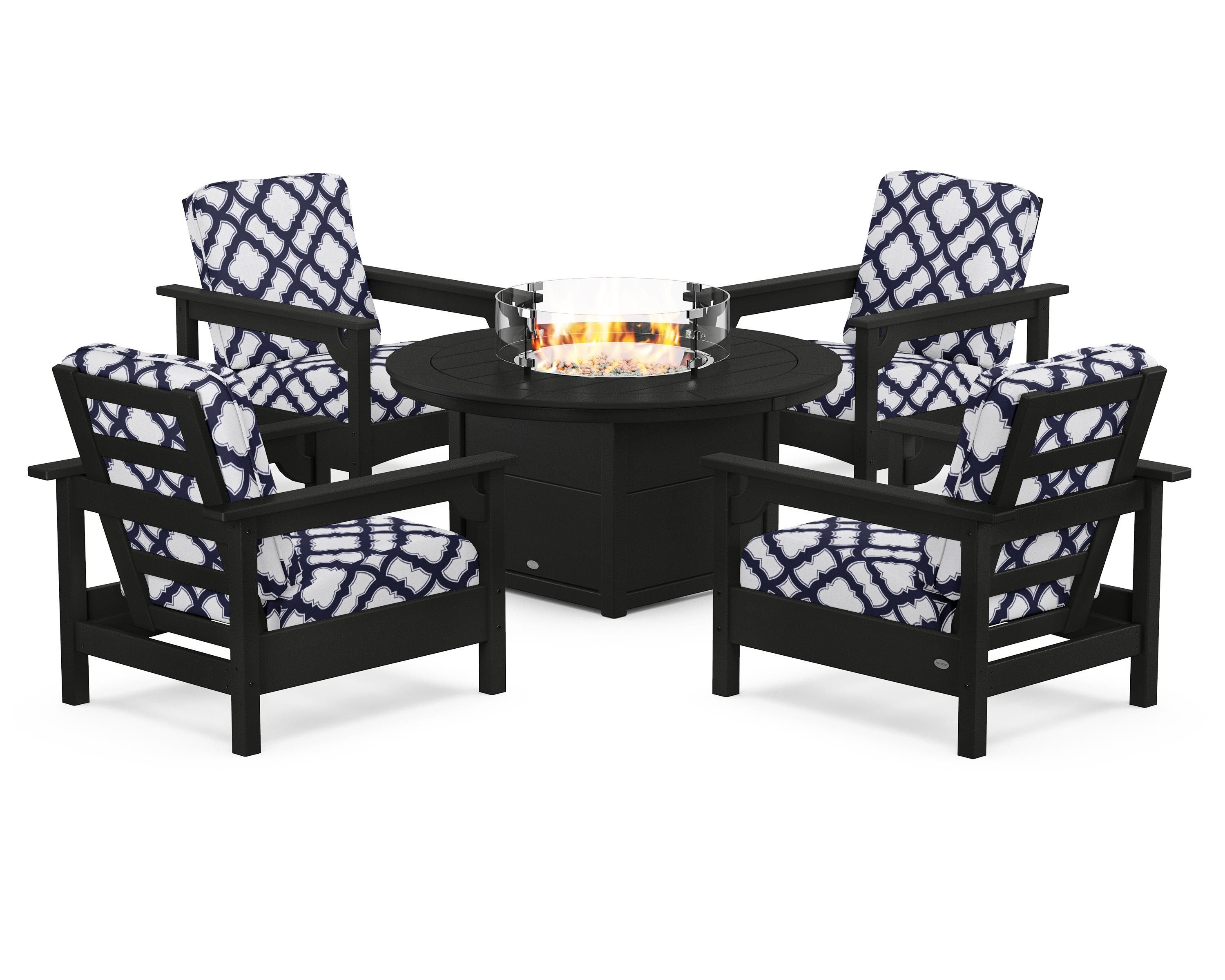 POLYWOOD® Club 5-Piece Conversation Set with Fire Pit Table in Black / Trellis Navy