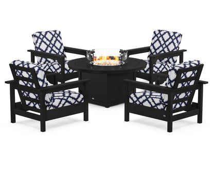 POLYWOOD® Club 5-Piece Conversation Set with Fire Pit Table in Black / Trellis Navy