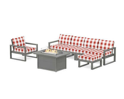 POLYWOOD® EDGE Sectional Lounge and Fire Pit Set in Slate Grey / Buffalo Plaid Crimson