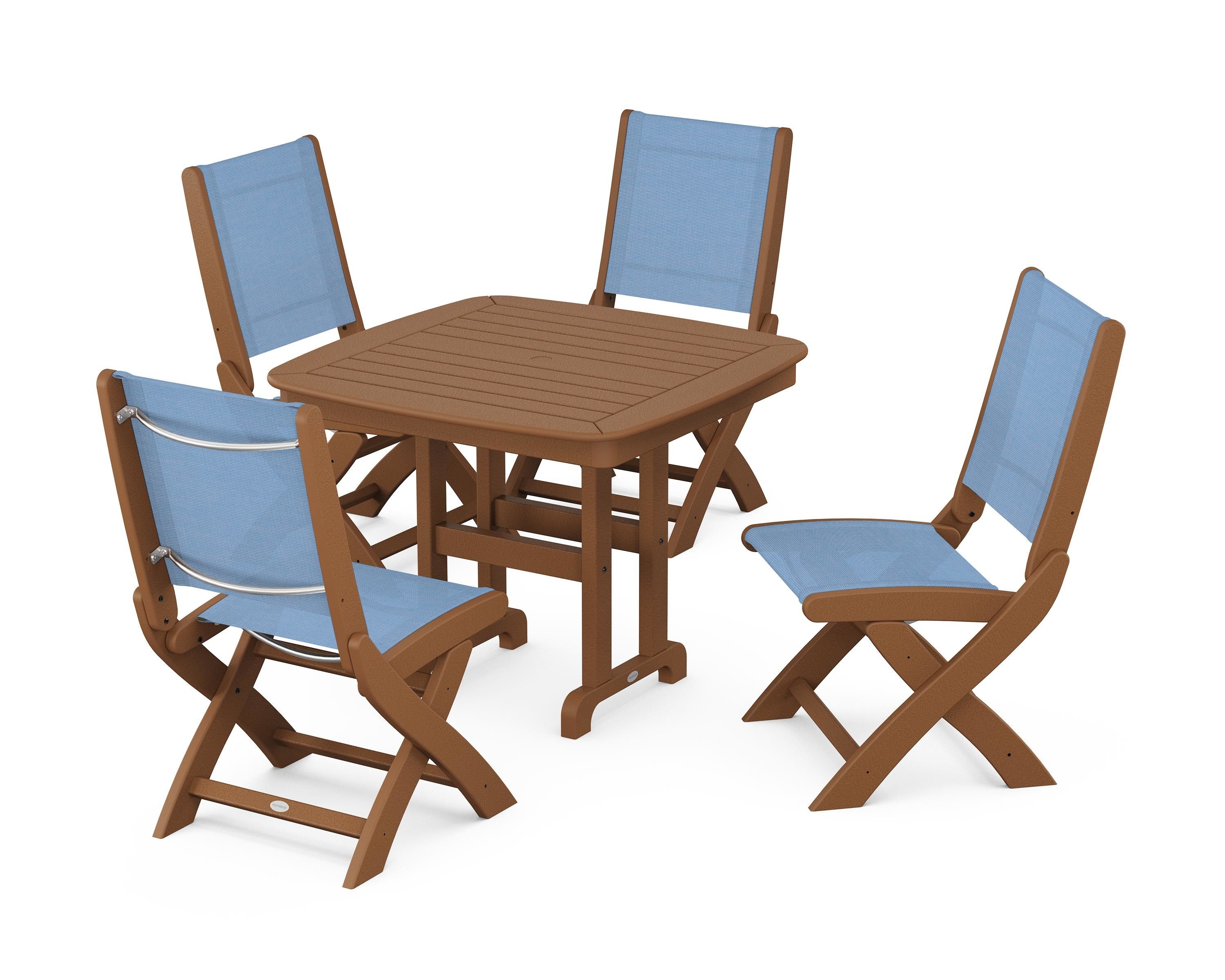 POLYWOOD® Coastal Folding Side Chair 5-Piece Dining Set in Teak / Poolside Sling