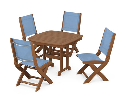 POLYWOOD® Coastal Folding Side Chair 5-Piece Dining Set in Teak / Poolside Sling